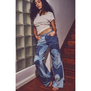 Free People Supernova Jeans Wide Leg Flare Star Patchwork NWT